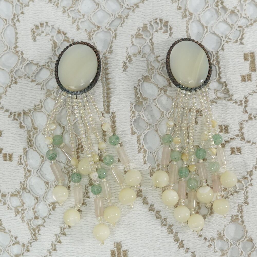 Vintage Dangle Clip-On Earrings Antiqued Metal Mother of Pearl Gemstone